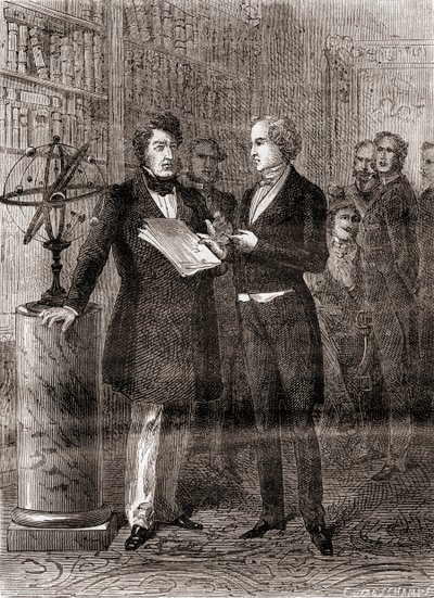 Urbain Jean Joseph Le Verrier, rechts, ontvangen door Koning Louis-Philippe, links, in De Tuillerieën, Parijs, Frankrijk, na zijn ontdekking van de planeet Neptunus in 1846, uit Les Merveilles de la Science, gepubliceerd door French School